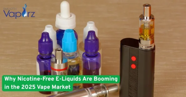 Vape device with colorful e-liquid bottles displayed, highlighting the rise of nicotine-free e-liquids in the 2025 market